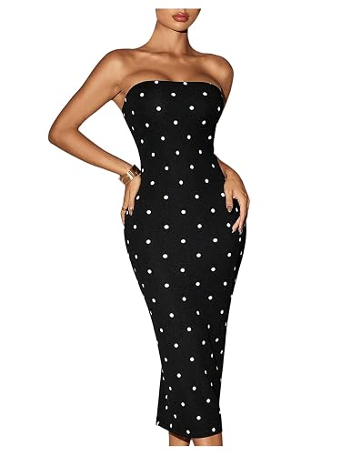 WDIRARA Women's Polka Dots Strapless Tube Dress Cocktail Party Bodycon Midi Dresses - Small - Black