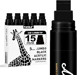 FUMILE 5 marcadores de pôster jumbo preto, marcadores de tinta acrílica grossa de ponta de 15 mm de largura, marcadores de grafite preto para pôster, vidro, pintura rupestre, cerâmica, madeira, murais