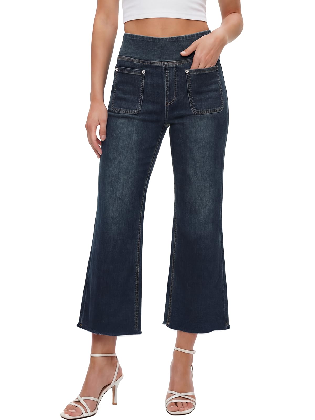 Jeans Donna, Vintage Pantaloni Donna Palazzo Vita Alta Jeans a Zampa Elastico Curvy Straight Ankle con Tasche Estivi