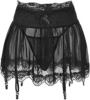 MIZSPISE Women Sexy Mini Skirt with Garter Belt See Through Mesh Short Skirts Lace Up Lingerie 2 Piece High Waist Micro Skirt Lace Thongs Outfits Going Out Club Party Clothing
