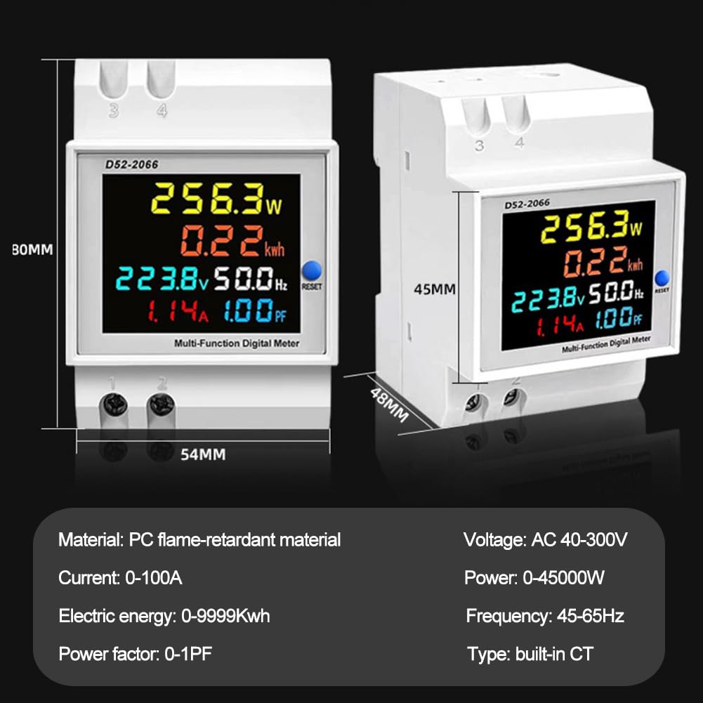 Contatore Energia Elettrica AC40-300V 100A Multifunzione 6 in 1 Digitale Amperometro Voltmetro Guida DIN Monofase 230V