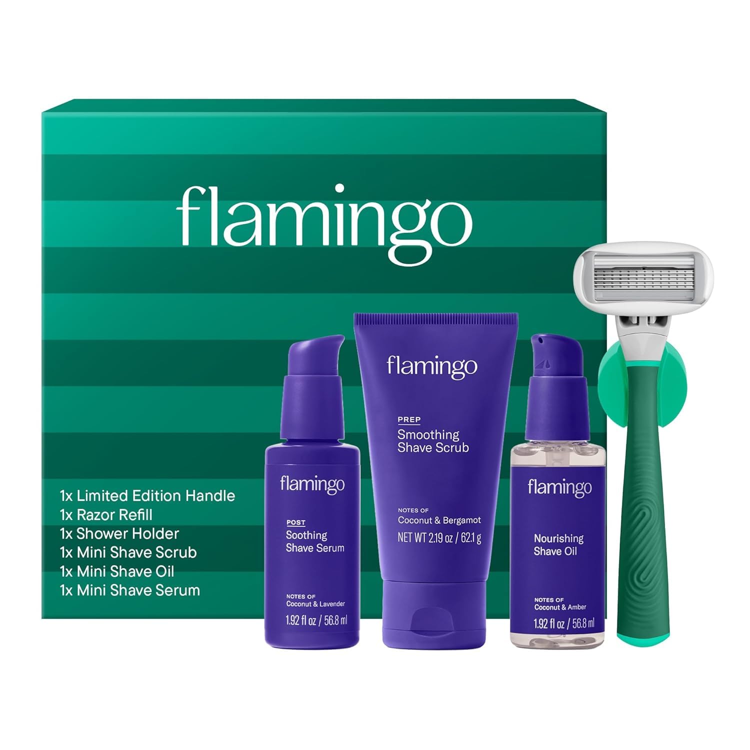Flamingo Complete Shave Set for Women | Razor Handle, Blade Refill, Mini Shave Scrub, Mini Shaving Oil, Mini Shave Serum, and Shower Holder