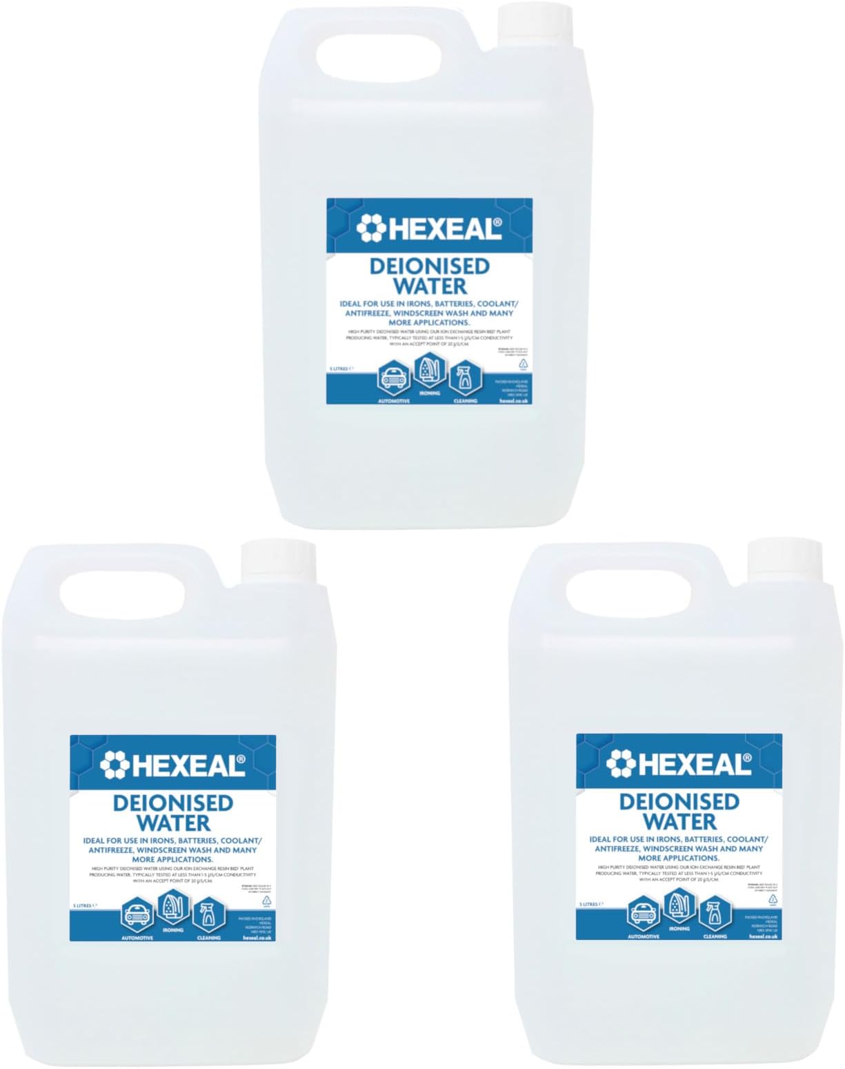 Hexeal Deionised Water 15L - 3 x 5L for Steam Irons, Car Batteries, Windscreen Fluid & Antifreeze - Demineralised, Reduces Limescale Deposits & Stains - For Lab Use
