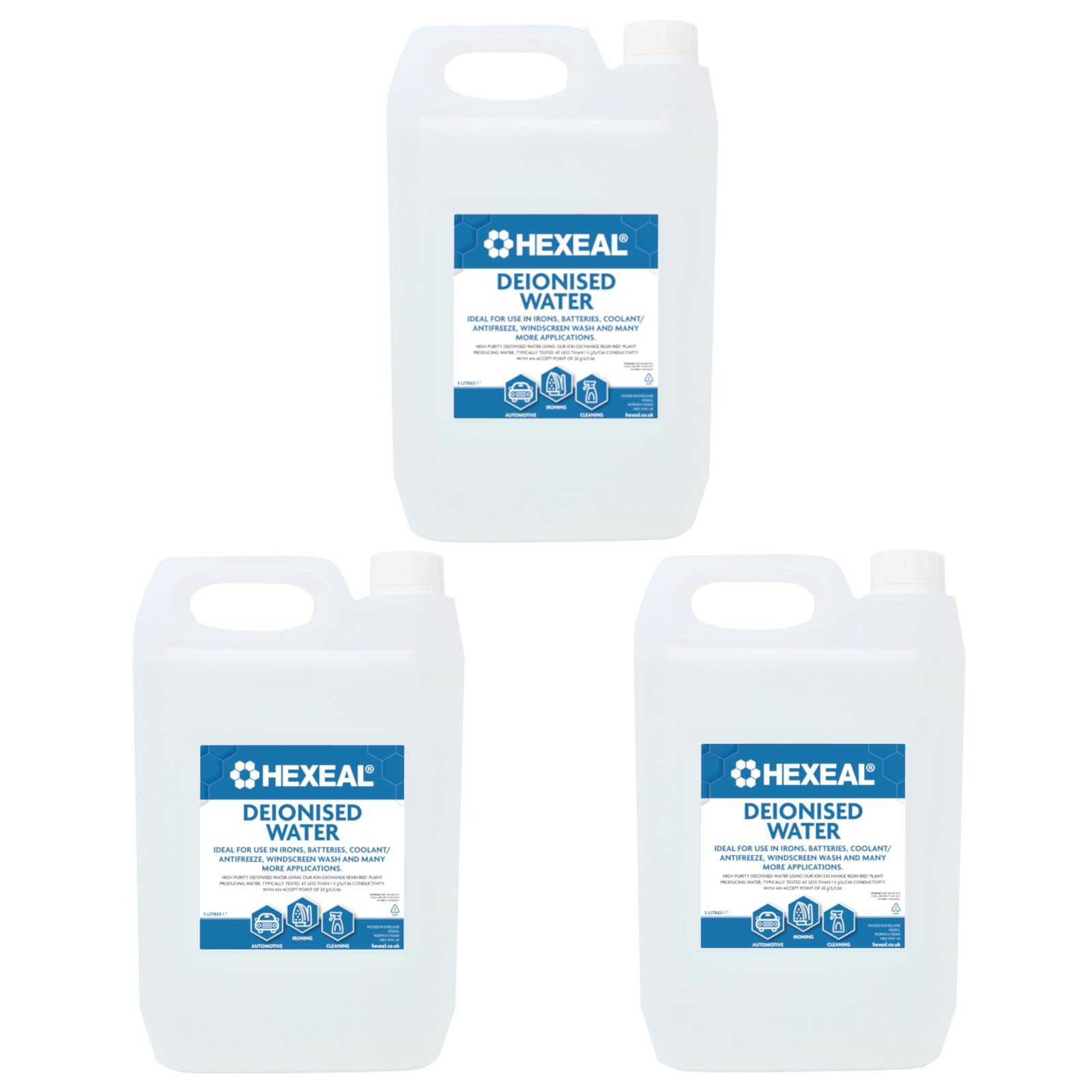 Hexeal Deionised Water 15L - 3 x 5L for Steam Irons, Car Batteries, Windscreen Fluid & Antifreeze - Demineralised, Reduces Limescale Deposits & Stains - For Lab Use