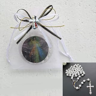 Memorial Favors (12 PCS) Devine Mercy White Scented Rosaries Decorated Bags, Rest in Peace, in Loving Memory, Recuerdos para Funeral (Cross)