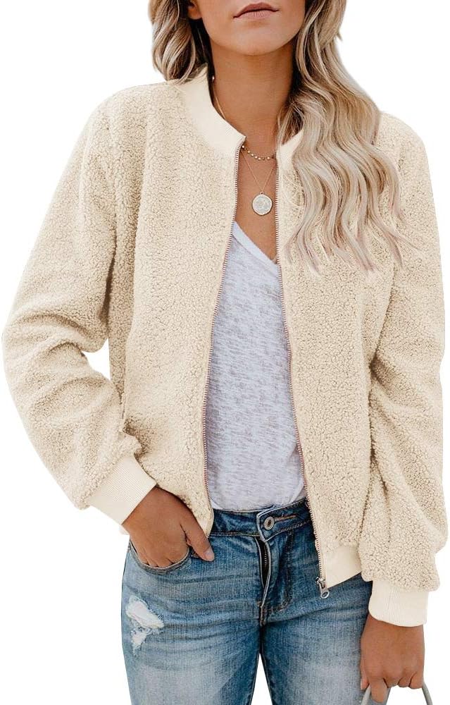 Eurivicy Women Fleece Jacket Winter Bomber Long Sleeve Faux Sherpa Fuzzy Casual Zip Up Coat Pocket