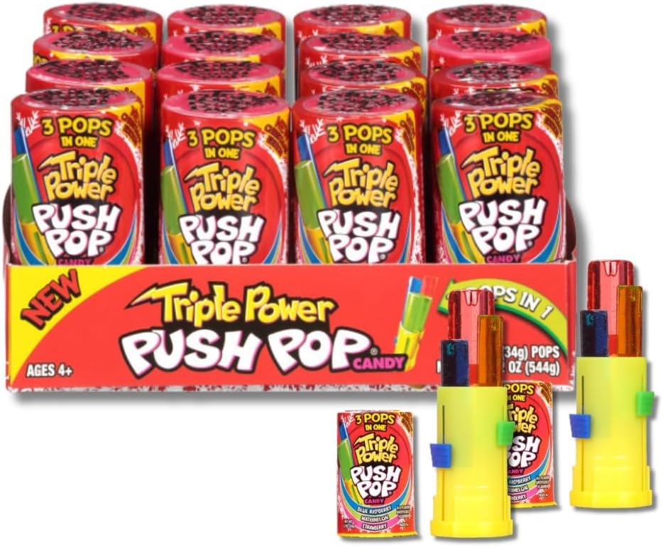Triple Power Push Pops - Case of 16 - Winter Edition - Three Flavors in One - Individually Wrapped Lollipops