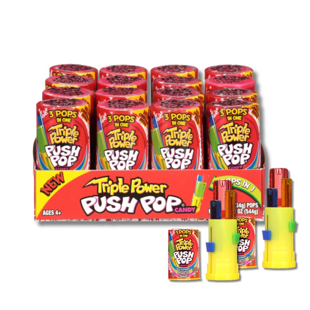 Triple Power Push Pops - Case of 16 - Winter Edition - Three Flavors in One - Individually Wrapped Lollipops