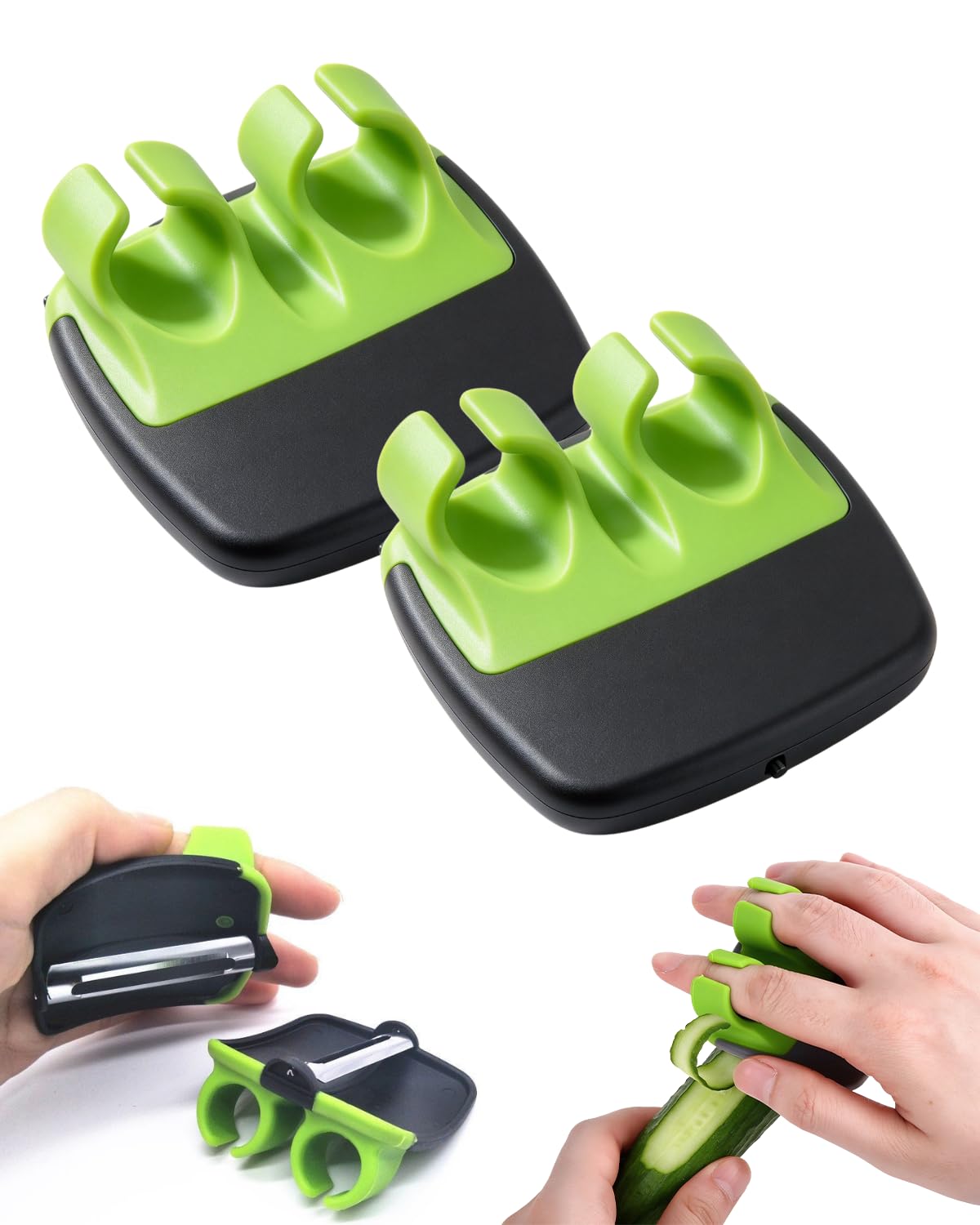 Potato Finger Peeler for Kitchen Vegetable and Fruit Prep|Black Green-2PC | Pivoting Stainless Steel Blade, Non-Slip Finger Grip, Compact Palm Design for Peeling Cucumbers, Zucchini & Fruit