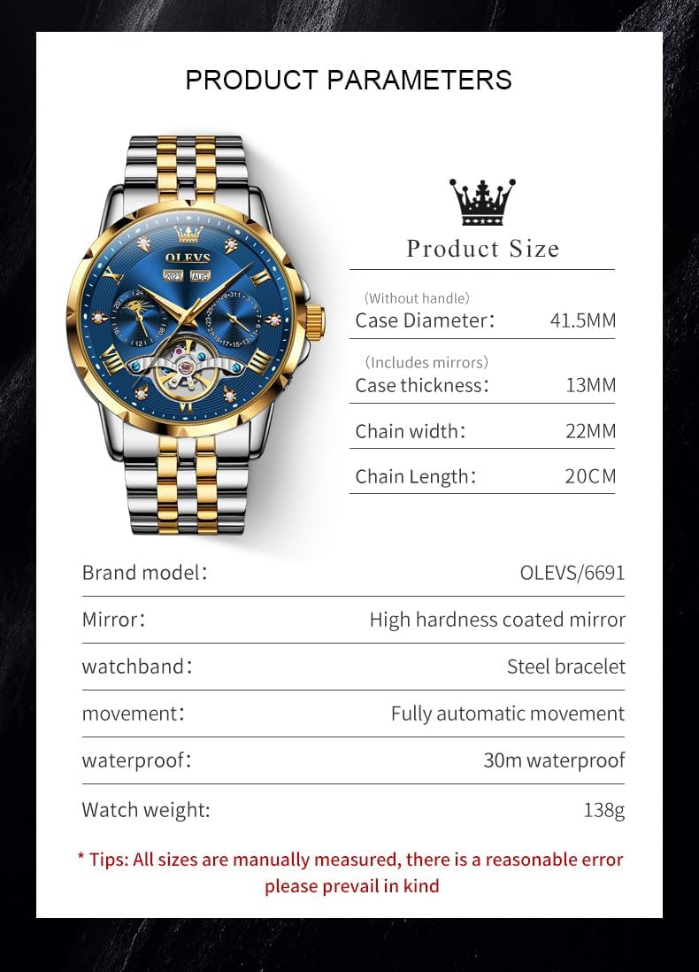 OLEVS Automatic Watches for Men Self Winding Mechanical Skeleton Luxury Dress Stainless Steel Diamond Men Wrist Watches - Image 6