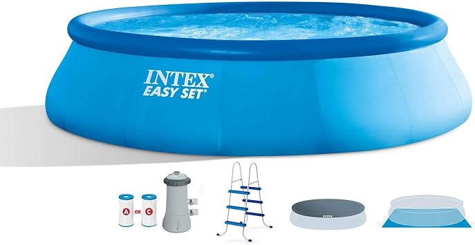 Intex Inflatable Easy Set Above Ground Round Swimming Pool Outdoor Pool Set for Backyards with 15 Round Cover, Ladder, and Filter Pump, Blue