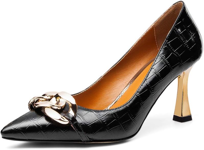 TinaCus Women's Genuine Leather Handmade Pointed Toe Sexy Mental High Kitten Heel Slip On Loafer Pumps with Mental Pattern Decor