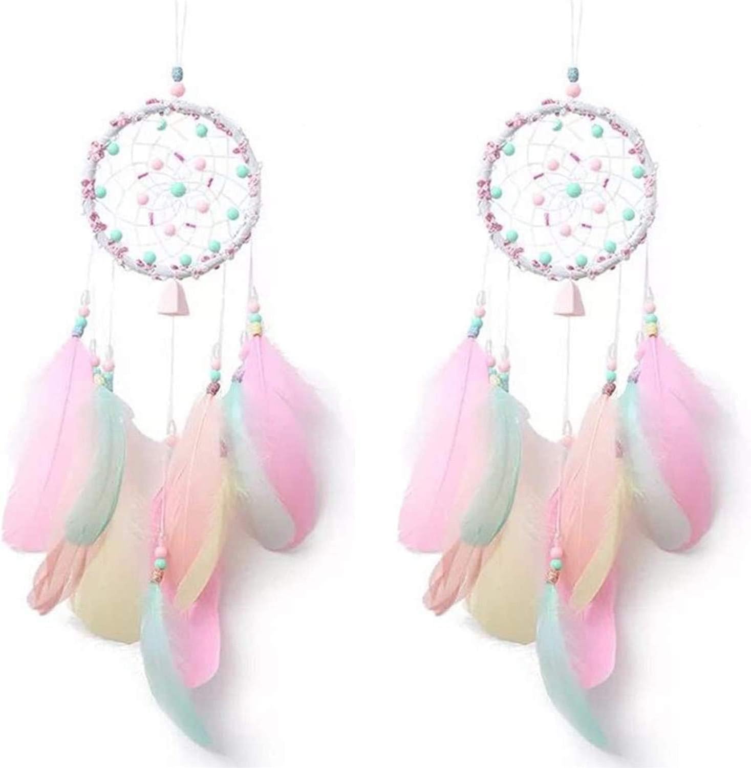 2 Pack Dream Catcher Handmade Exquisite Pink Colorful Feather Beaded Dream Catcher for Kids Cars Bedroom - Indians Traditional Art Wall Hanging Home Decoration