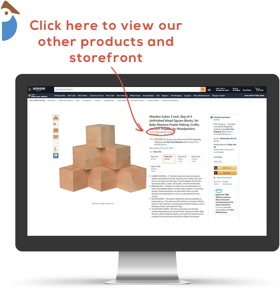 Unfinished Wood Cubes 3 inch, Pack of 4 Large Wooden Cubes for Wood Blocks Crafts and Decor, by Woodpeckers