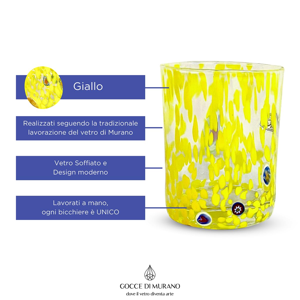 Gocce di Murano Un vaso de lluvia arco iris de cristal de Murano soplado 300 ml hecho a mano colorido paquete 2 copas de agua elegante y precioso (amarillo, 2)