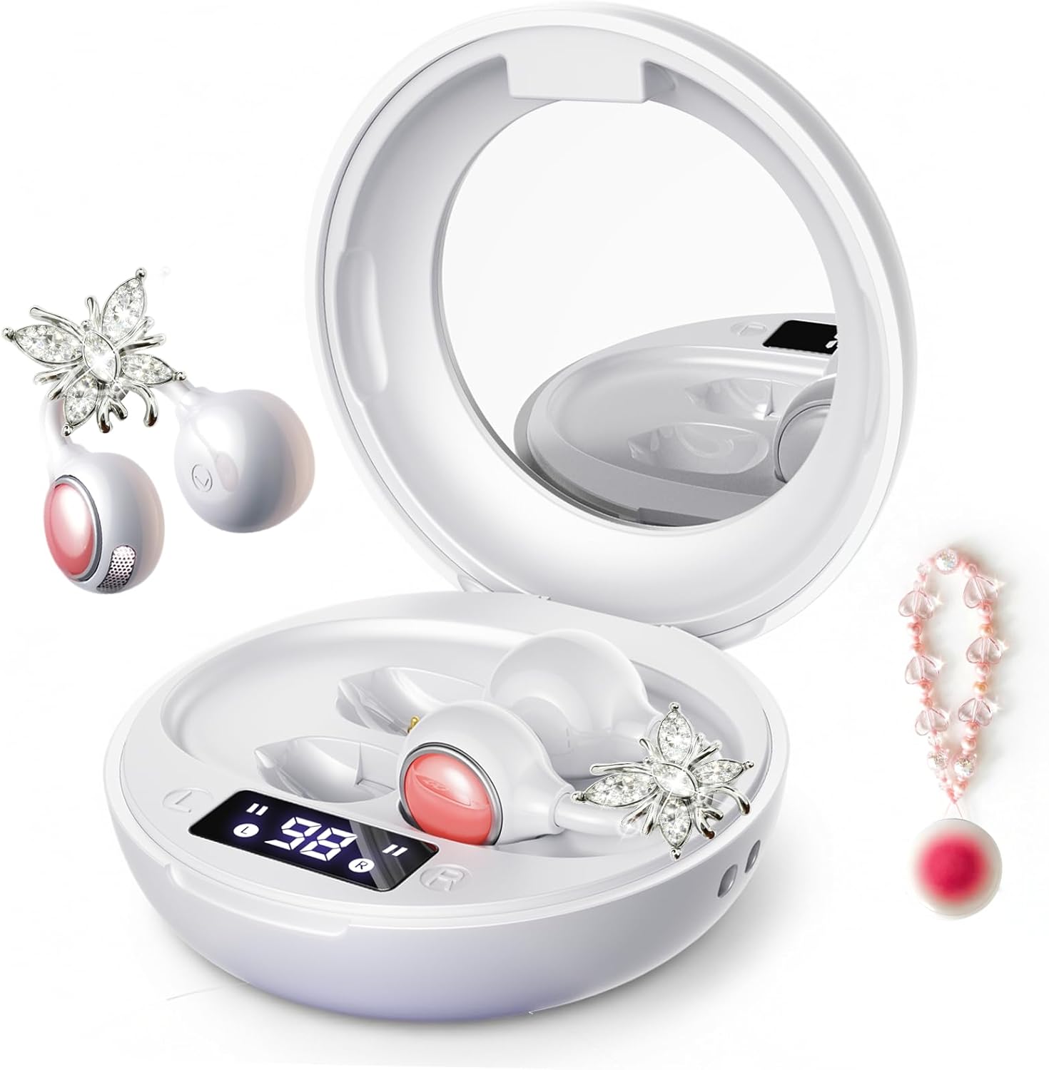 Open Ear Clip Wireless Earbuds Bluetooth 6.0, Powder Compact Case with LED Display & Mirror, Detachable Crystal Butterfly Ear Clips & Bracelet, 28H IPX5 Open-Ear Comfort for Women& Girls Gifts (Pink)