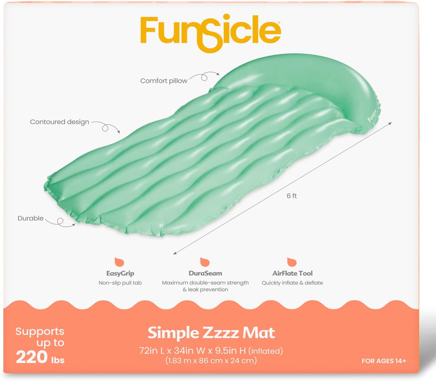Funsicle 6 ft Simple Zzzz Inflatable Water Mat with Comfortable Headrest