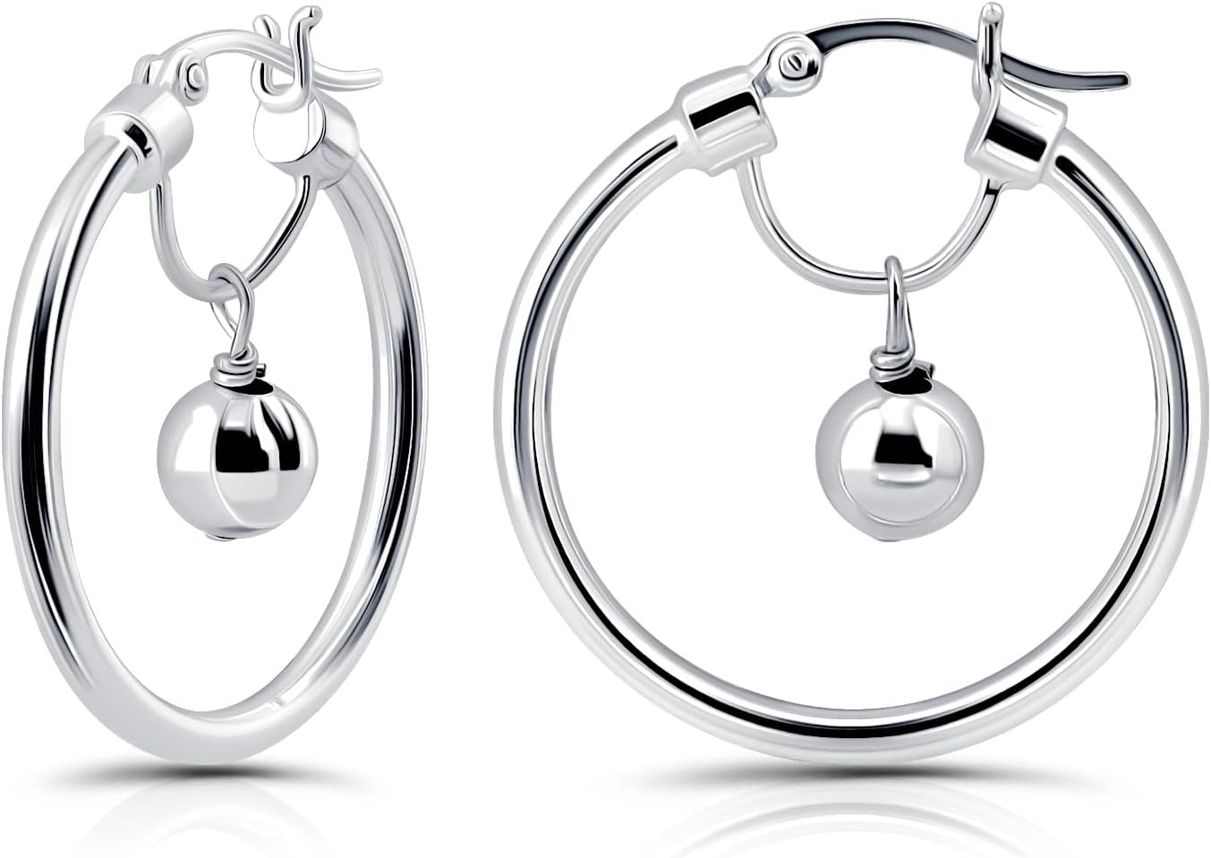 Hoops & Loops 925 Sterling Silver High Polished Dangling Bead Hoop Earrings for Women Men, Silver, Yellow Gold & Rose Gold