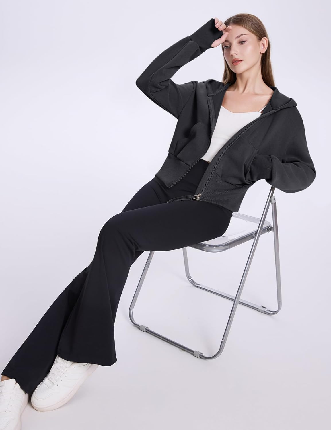 Flygo Women's Cropped Zip Up Hoodie Long Sleeve Drop Shoulder Sweatshirts Casual Ribbed Hem Workout Top Jacket with Pockets - Image 7