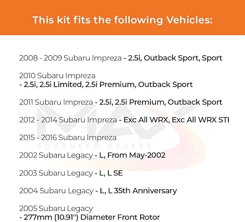 Miniatura 3 de Max Advanced Brakes Kit de freno delantero para Subaru Impreza 2002-2016 Legacy L 2002-2004 Legacy L 2005 Legacy con rotor delantero de 10.91