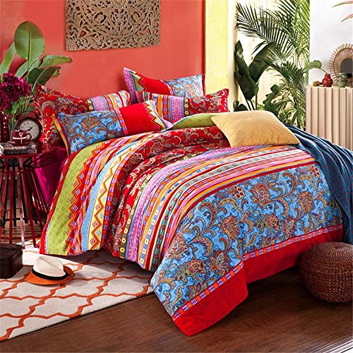 Abreeze Bohemian Duvet Cover Set Colorful Red Boho Retro Bedding Set Damask Paisley Cotton Duvet Cover Tribal Reversible Bedding Exotic Style Comforter Cover 3-Piece King #TOP4