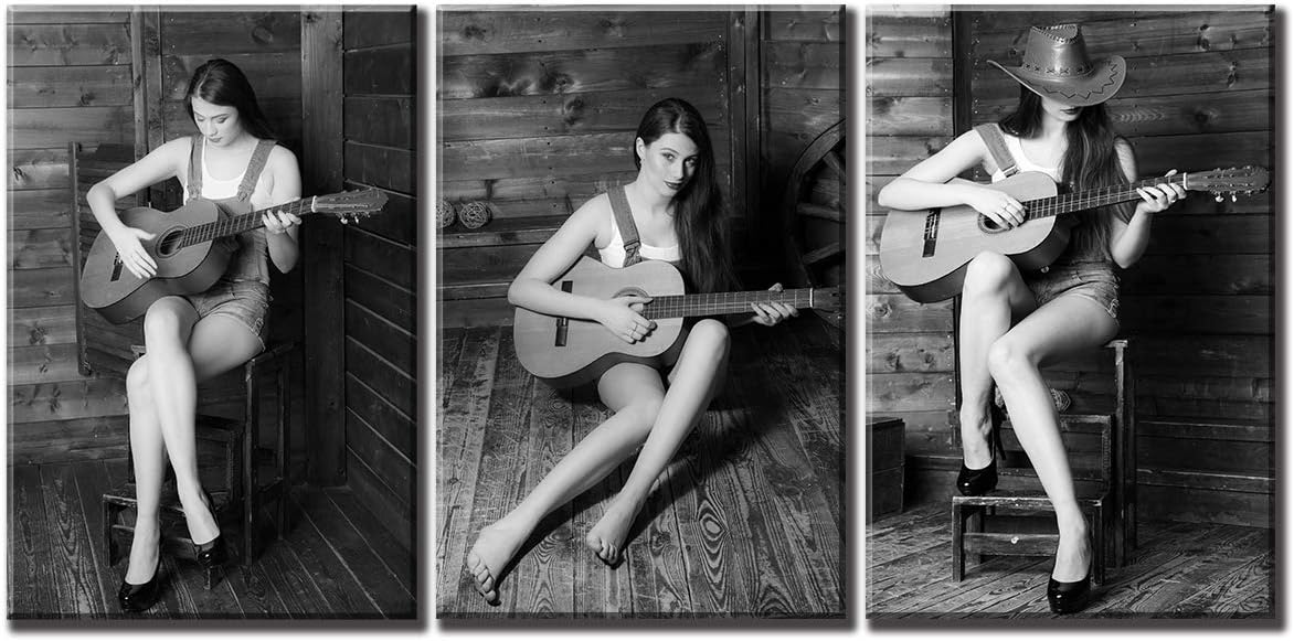 JiazuGo - Guitar Music Wall Art Black and White Women Painting the Picture Print on Canvas Modern Pop Musical Decor Bar Washroom Decoration Stretched and Framed Ready to Hang