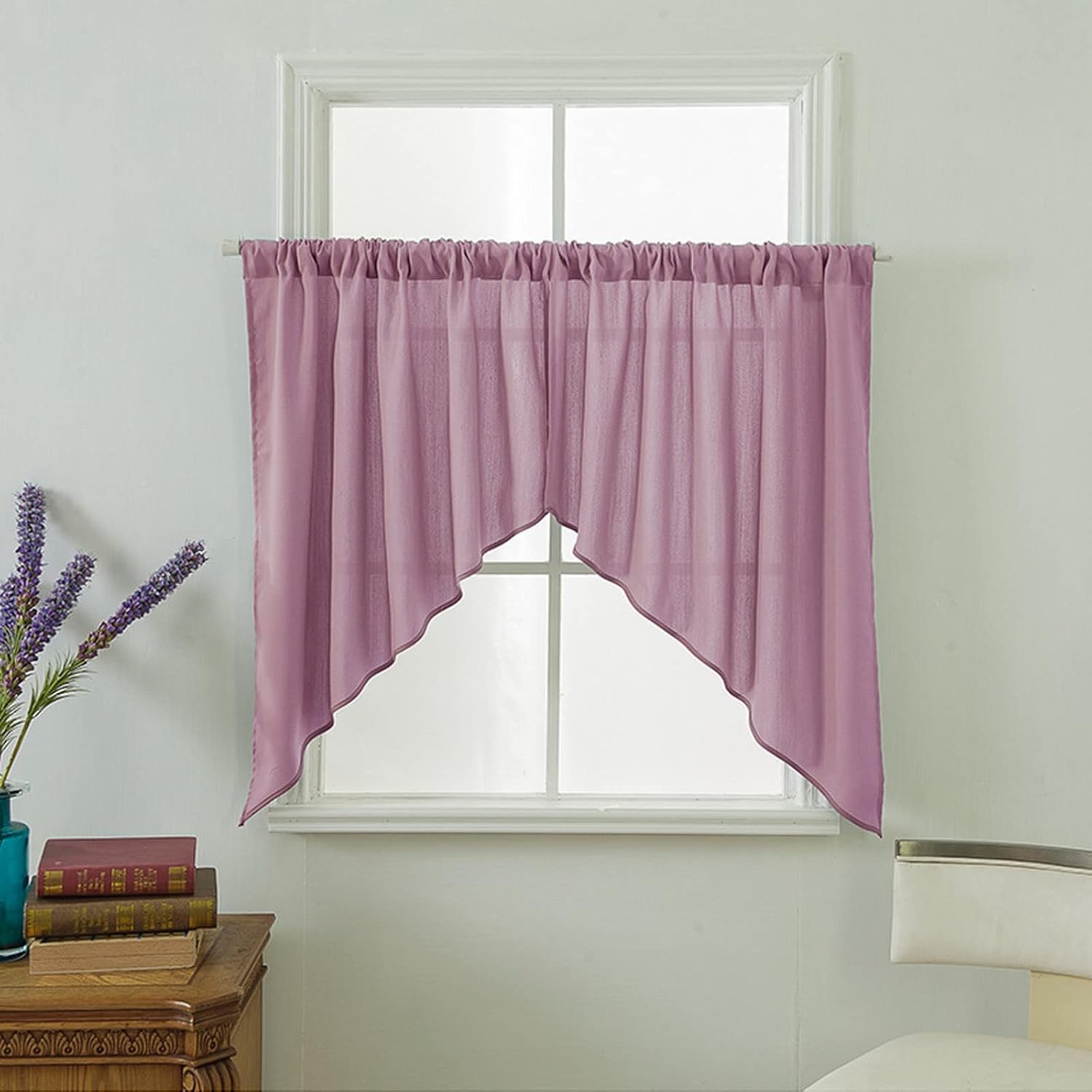 Short Curtain for Small Window Semi-Transparent Pink Voile Triangle Swag Curtain Window Treatment Valance Panel Drapes Half Curtain for Kitchen Café Bedroom Cabinet Curtain Door Curtain