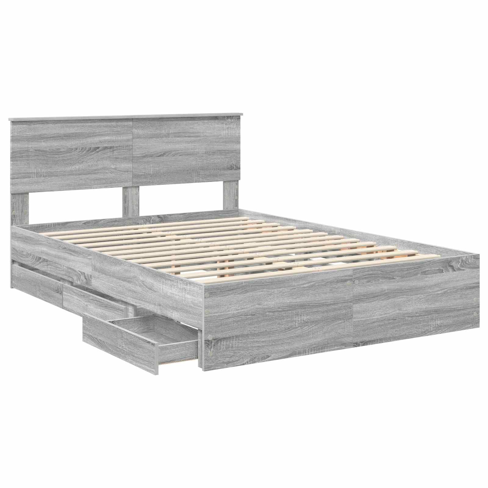 Cadre de Lit 160x200 cm avec Tête de Lit et 6 Tiroirs de Rangement, Lit Double Adulte en Bois d'Ingénierie pour Chambre Moderne, Sommier à Lattes Intégré, Gris Sonoma
