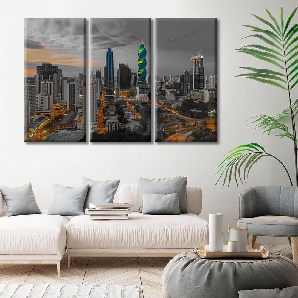 Colorful Panoramic Skyline of Panama City Canvas Wall Art Picture Wall Art for Living Room Bedroom Modern Home Decor Office Bathroom Decor Framed Ready to Hang, (42" Wx28 H)