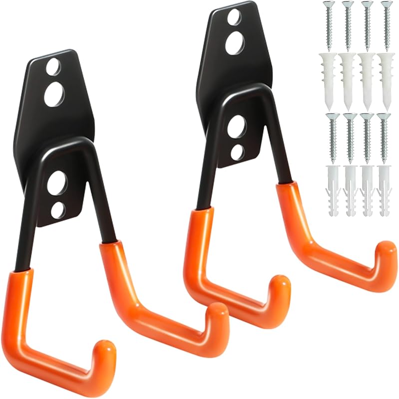 Heavy Duty Wall Hook for Hanging, 2 Pack Garage Tool Organizer Wall Mount, Metal Garage Storage Hooks for Ladder,Extension,Garden Tool, Small Utility Hook, Hose Holder for Outdoor and Indoors