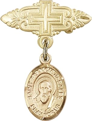 14kt Yellow Gold Baby Badge with St. Francis de Sales Charm and Badge Pin with Cross 1 X 3/4 inches