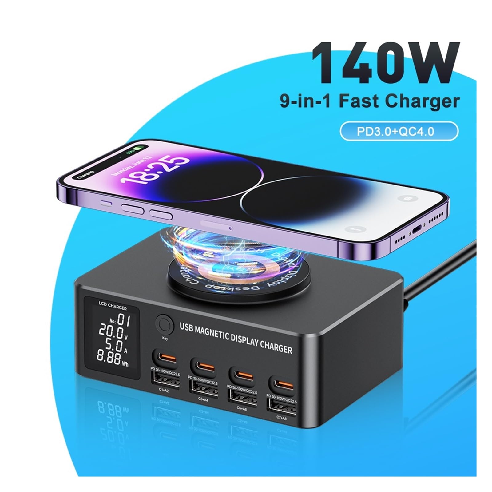 Caricatore USB Multiplo, Caricabatterie Wireless con Stazione di Ricarica Rapida Multi USB-C da 140 W con Display LED PD QC 3.0 Ricarica Rapida(No Cable)