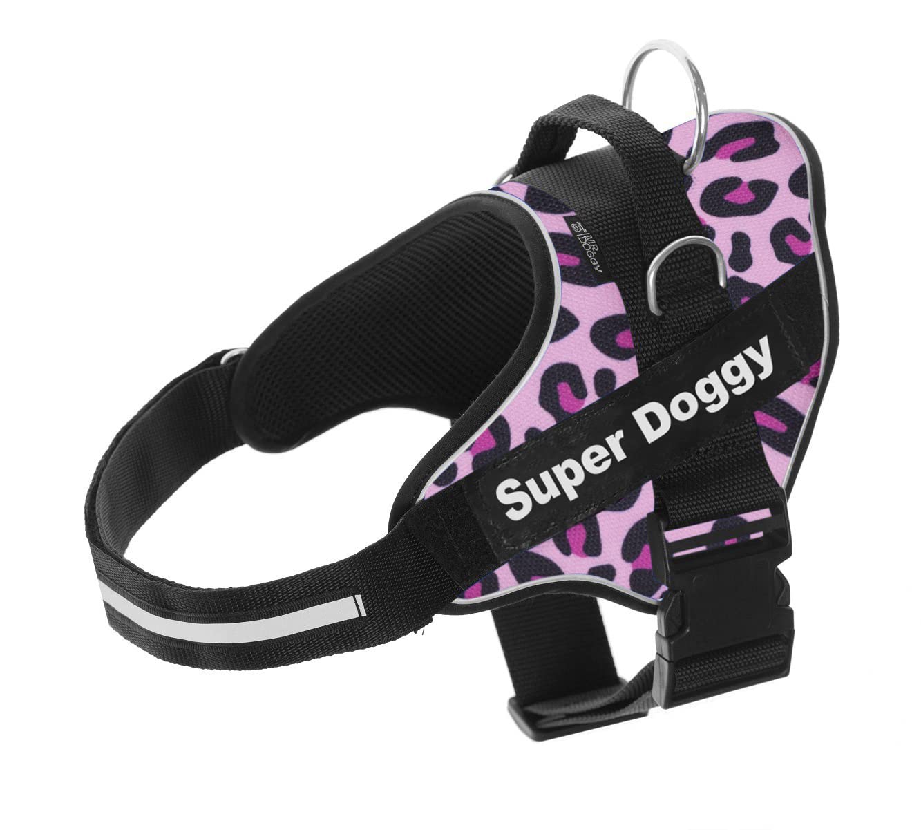 MR. DOGGY Personalized Dog Harness, Reflective & Durable, Includes 2 Custom Name Patches, Adjustable Harness for Small to Large Dogs (Pink Leopard, XL Chest 28-37in)