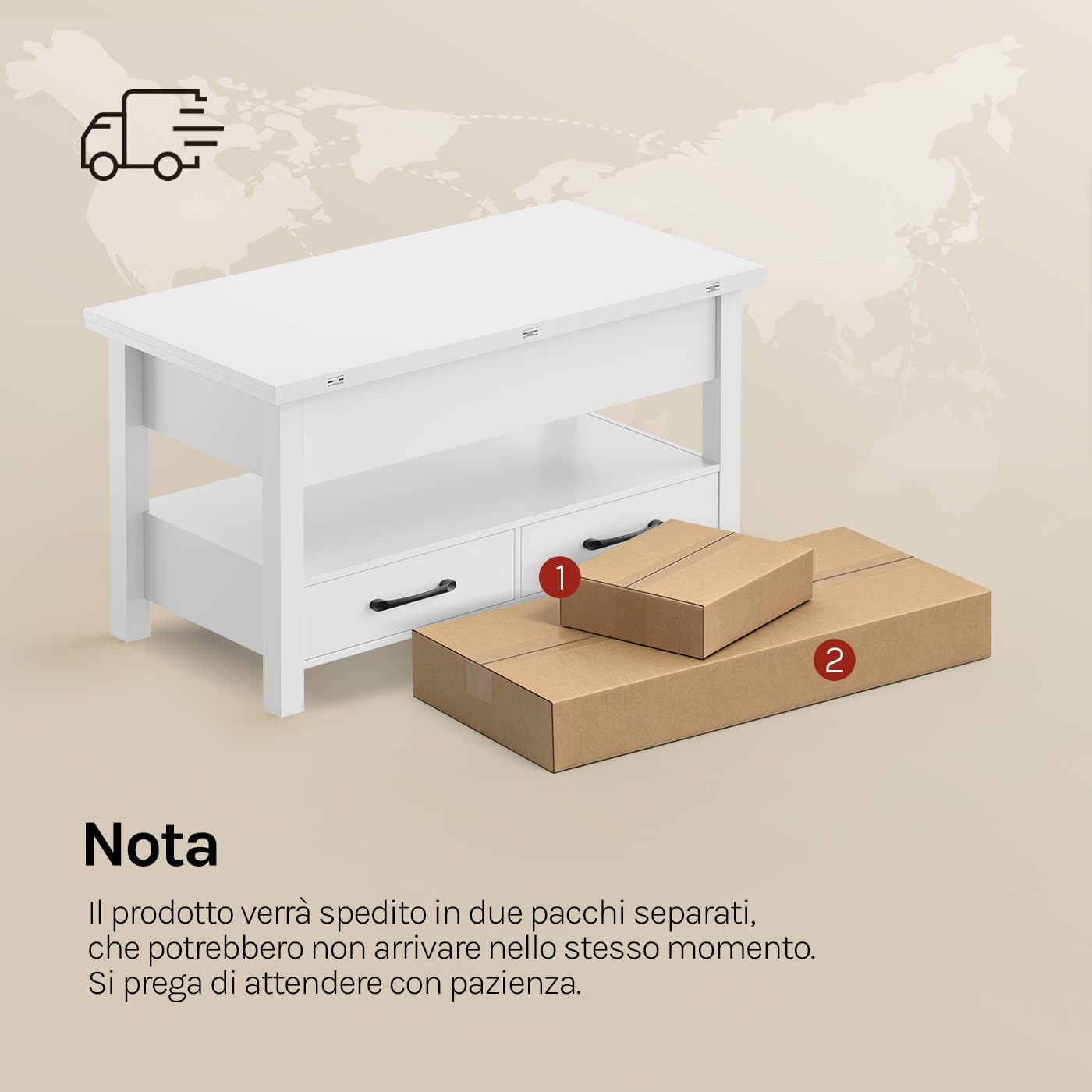 WOLTU Tavolino da Caffè Sollevabile con Spazio Nascosto, Scomparto Aperto e 2 Cassetti, Tavolo Salotto Estensibile Multifunzione per Soggiorno e Studio, Bianco
