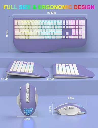 Miniatura 3 de Teclado y mouse inalámbricos con retroiluminación de 7 colores, reposamuñecas, 2.4G recargable ergonómico iluminado tamaño completo teclado