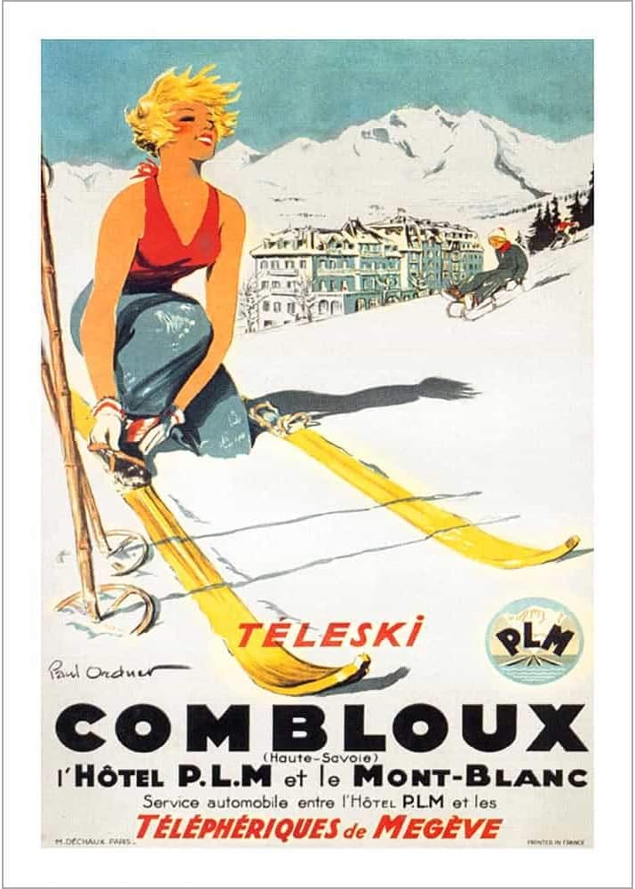 Vintage Ski World Combloux France 1930's Teleski Poster for Spring Skiing Ad with Blonde Skier