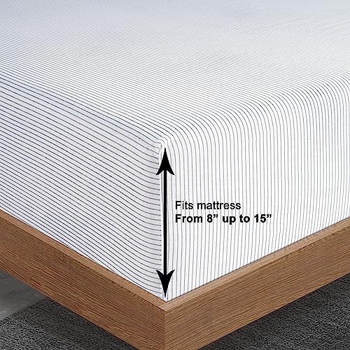 LANE LINEN 100% Organic Cotton Only Fitted Sheet Queen (Includes Pillowcases), 3 PC Set Soft Percale Weave, Queen Size, Soft, Breathable, Printed Fitted Fits Mattress Upto 15" Deep - Ticking Stripe - Thumbnail 2