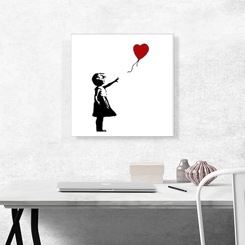 Miniatura 2 de ARTCANVAS Banksy - Lienzo decorativo con diseño de niña con globo (cuadrado de fondo blanco), pintura enmarcada estirada, póster para decoración de