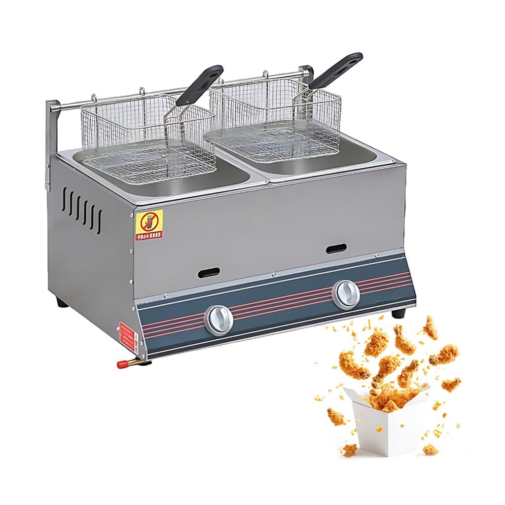 2800Pa Niederdruck,Edelstahl 304-Gasfritteuse 16L,Gastro Doppel-Becken für Catering,Tragbares Profi Gerät,Hitzebeständige Griffe,Ideal für Gartenküche und Marktstand(2 Tank)