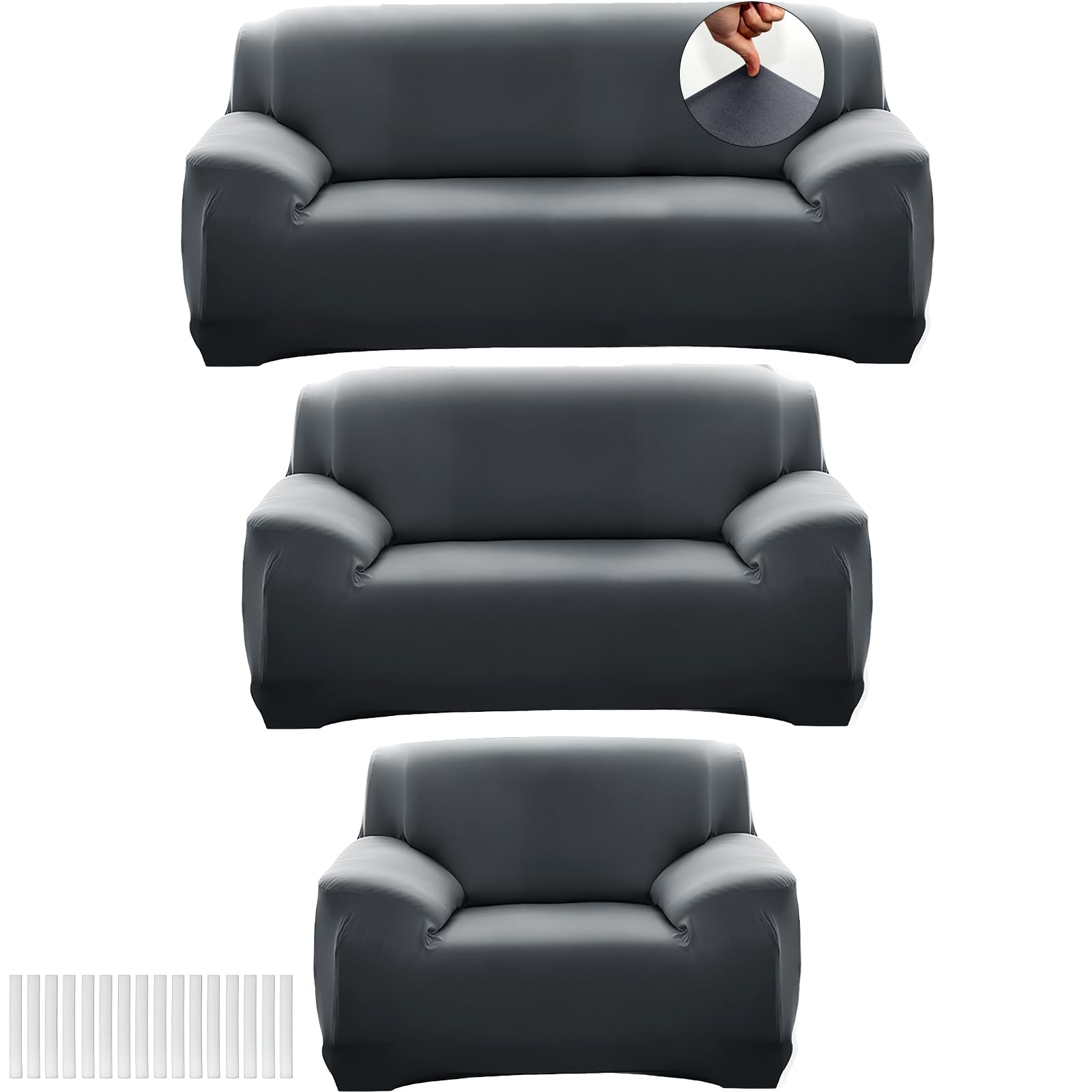 3 Pcs Sofa Slipcover Set for 3-Seater Sofa, Loveseat and Armchair, Soft Stretch Form-Fit Sofa Covers with Foam Strips, Washable Non-Slip Furniture Protectors for Living Room Office Caravan (Dark Gray)
