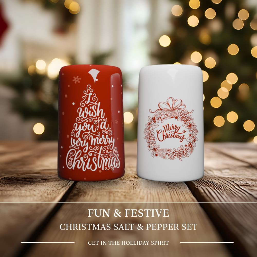 Salero y pimentero – Decoración de cocina de Navidad, bonito juego de salero de mesa de vacaciones, decoraciones de árbol de Navidad y corona, agitadores de condimentos grandes –