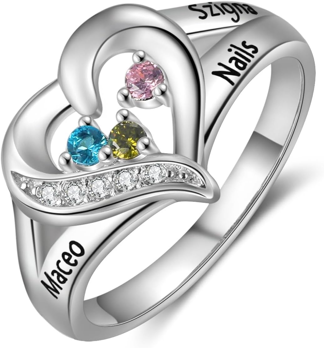 LucySky 925 Sterling Silver Personalized Mothers Ring with 2-5 Simulated Birthstone Custom Engraved Family Name Wedding Promise Ring for Women Her Mom Grandma