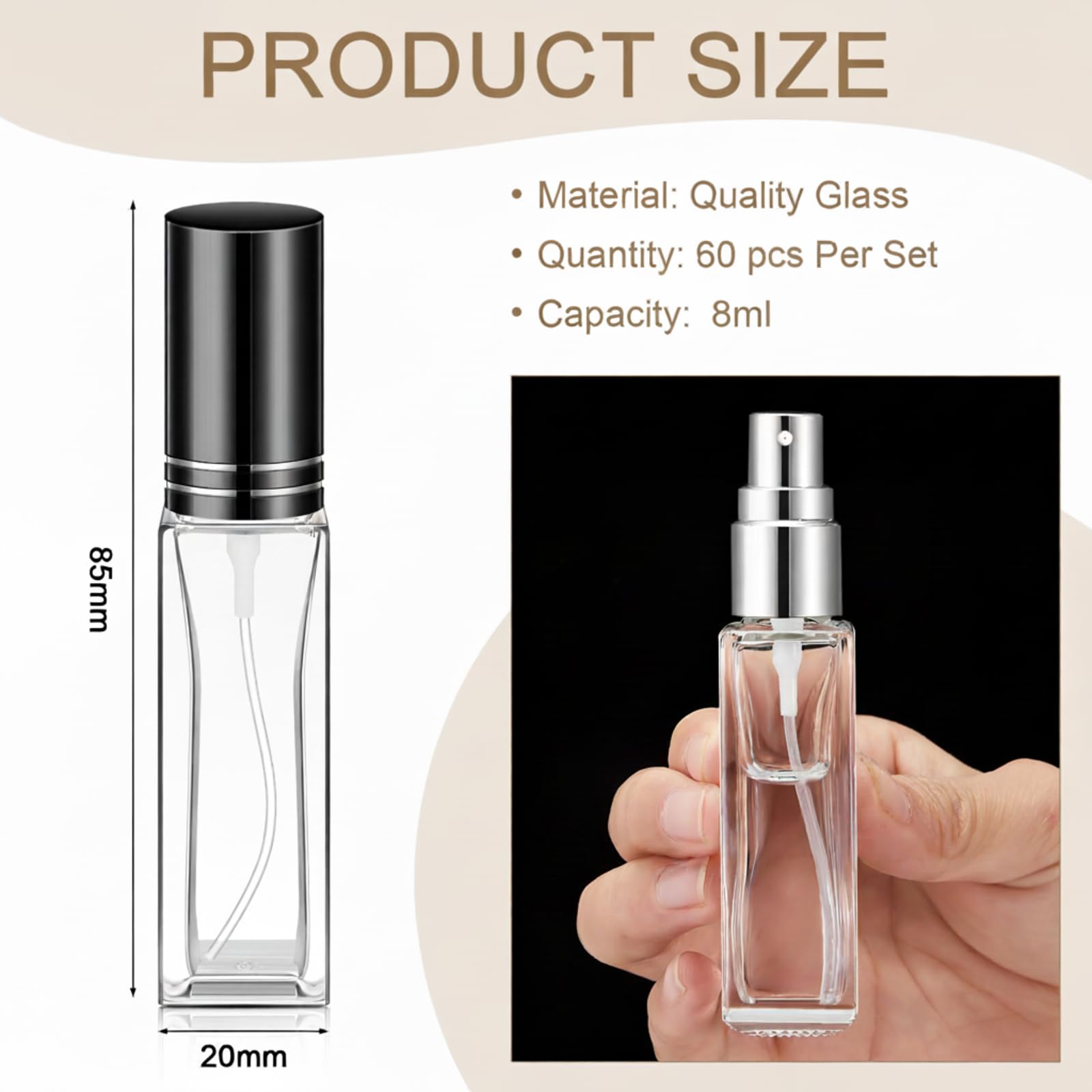 Domensi Glas-Parfüm-Reiseflaschen, nachfüllbar, Mini-Parfümflaschen, leer, kein Auslaufen, Reisegröße, Zerstäuber, Spray, transparent, Probenspender, Gold, Silber, Schwarz, 8 ml