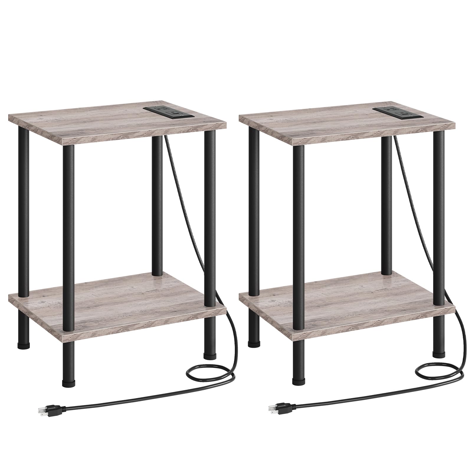 HOOBRO Side Table with Charging Station, Set of 2 End Tables with USB Port and Outlets, Nightstand with 2-Layer Storage Shelves for Small Spaces, Living Room, Bedroom, Greige and Black BG09UBZP201