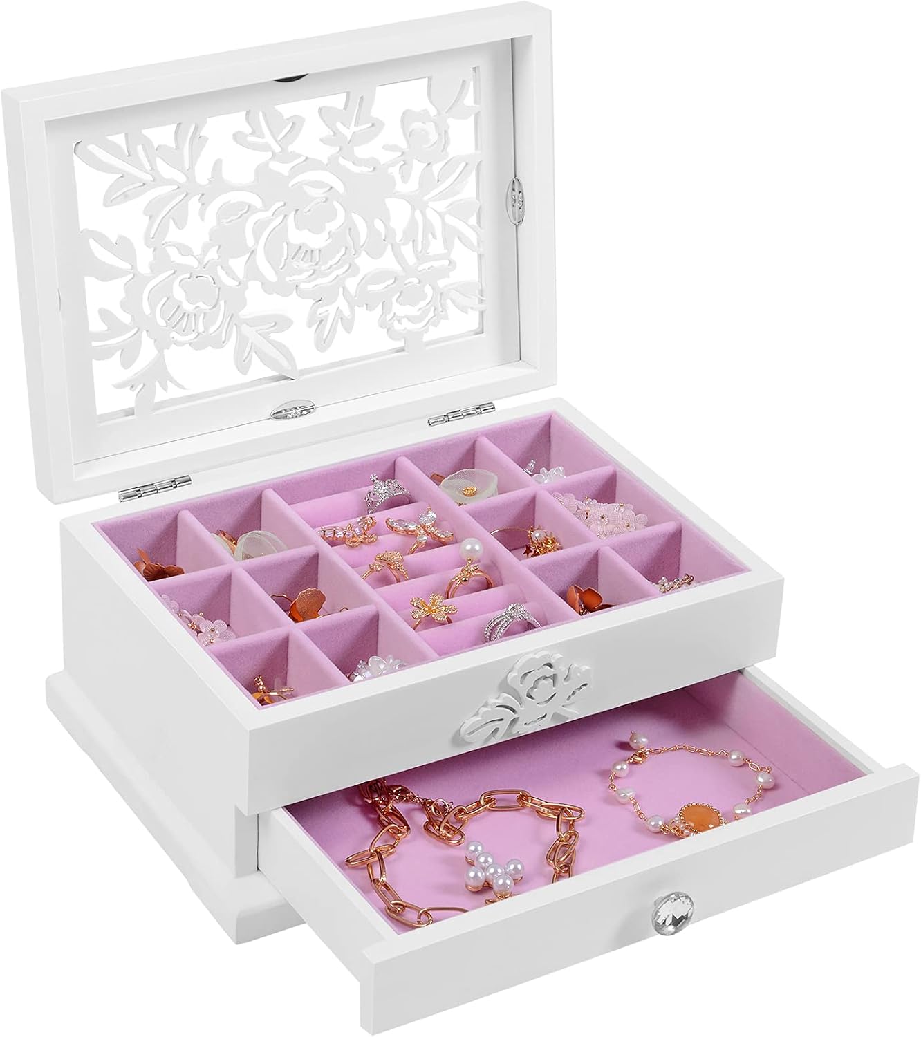 SONGMICS Girls Jewelry Box Wooden Flower Carving Organizer Storage Case 2 Tier with Drawer DIY, White and Pink UJOW201 : Clothing, Shoes & Jewelry