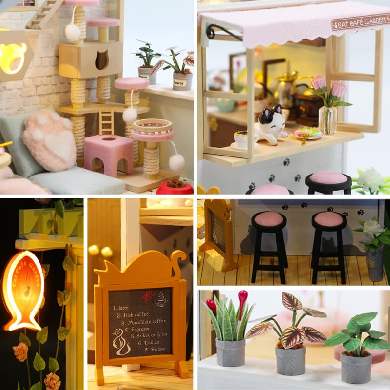Kit fai da te Cat Cafe in miniatura per casa delle bambole con luce a LED, scala 1:24, fatto a mano, gatto, caffè, giardino, casa delle bambole, regalo di compleanno creativo per adolescenti (casetta