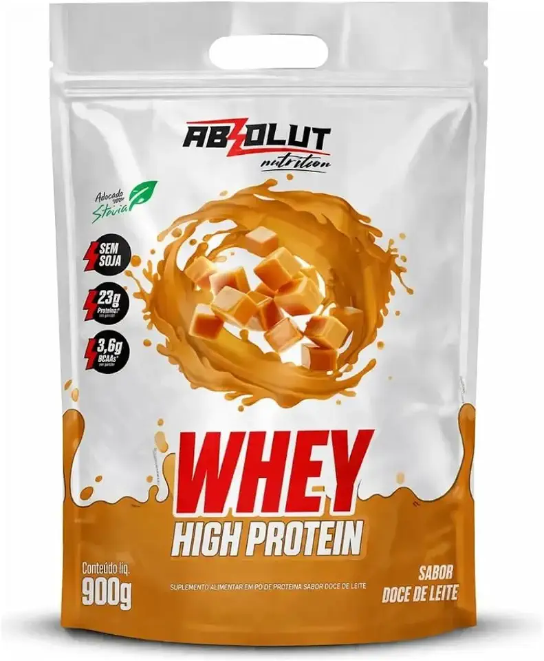 Absolut Nutrition, Whey high protein, 23 Gramas de Proteína, Adoçado com Stevia, Sabor Doce De Leite, Pouch, 900 gramas