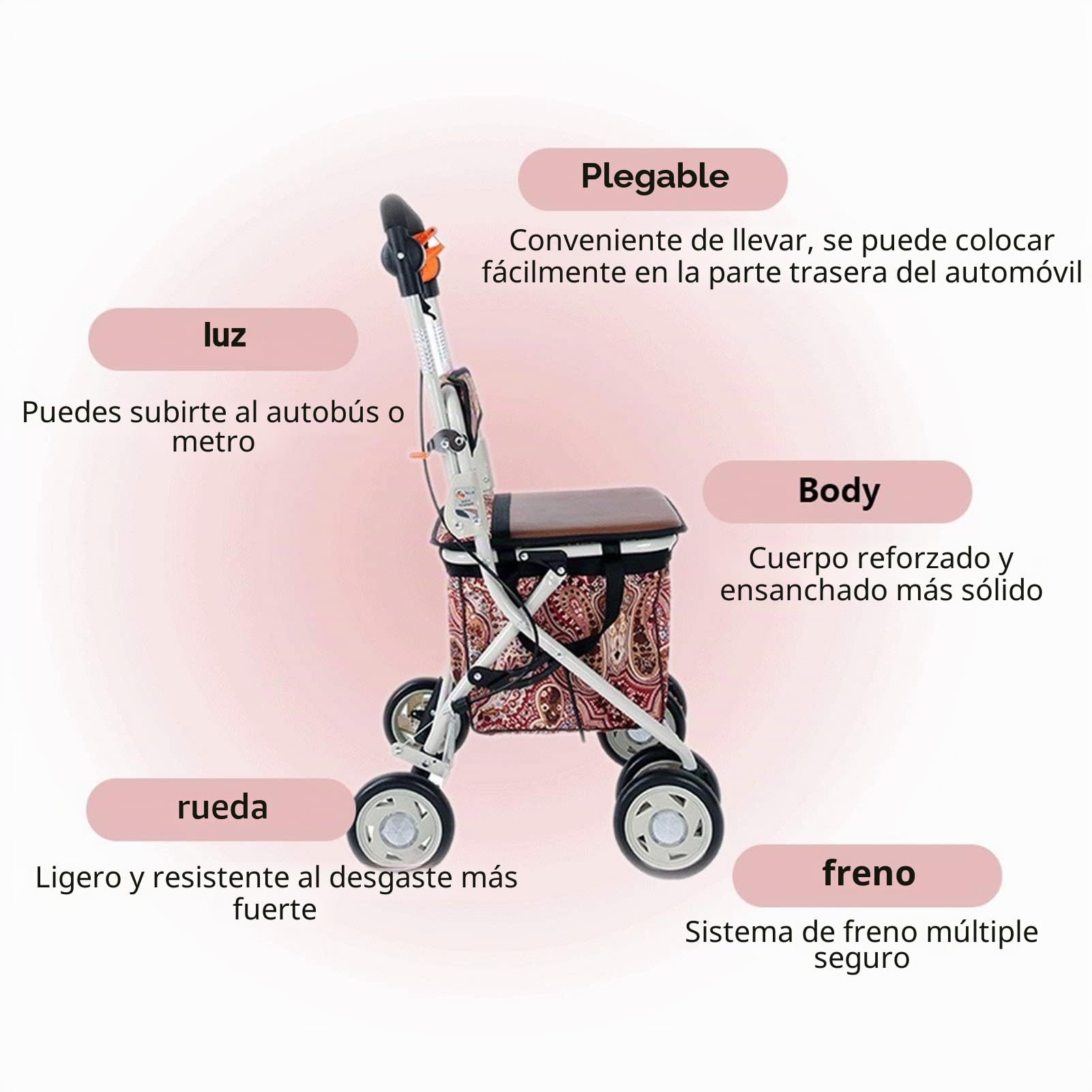 Andador con asiento, plegable ligero, altura ajustable, asiento acolchado, cesta de transporte, frenos bloqueables, fácil almacenamiento y transporte
