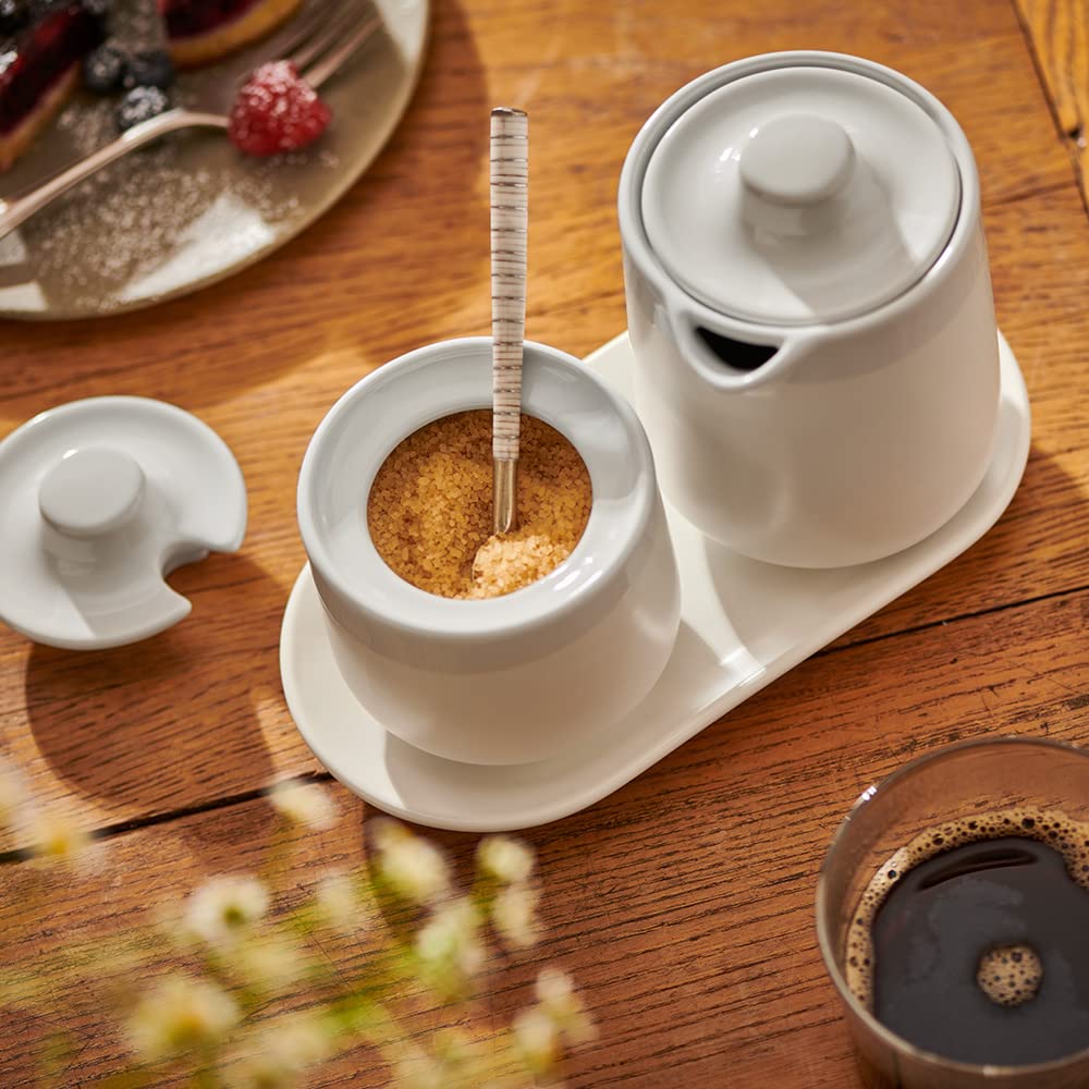 Tchibo Kaffeezubehör, Milch und Zucker-Set, Milchkännchen, Zuckertopf, Tablett, Porzellan, Weiß