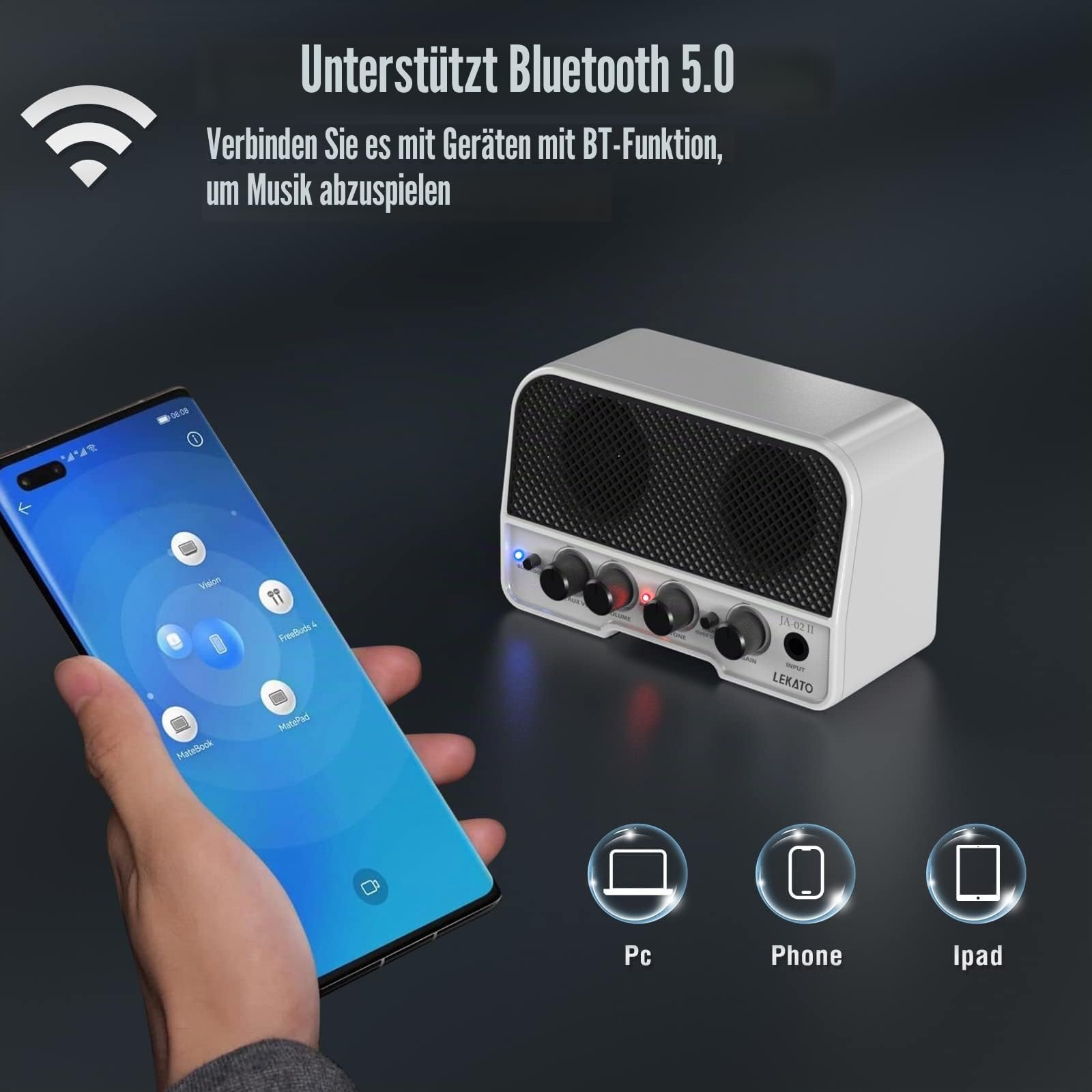 LEKATO 5W Mini Gitarrenverstärker JA-02 II, Tragbarer & Wiederaufladbarer E-Gitarrenverstärker Übungsverstärker mit Clean/Overdrive, Bluetooth 5.0, Kopfhörerausgang – Ideal für E-Gitarre (Weiß)